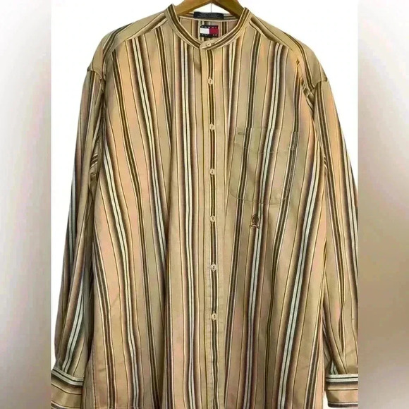 Tommy Hilfiger Men’s Beige Striped Collarless Shirt Crest Heavyweight Large - Picture 1 of 12